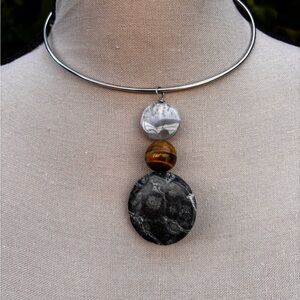 Handmade Silver Collar Necklace with Black Stone, Tiger Eye & Clear Glass Bead